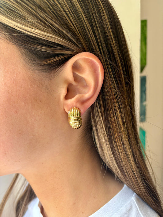 Close-up of a person wearing a gold hoop earring with a neutral background