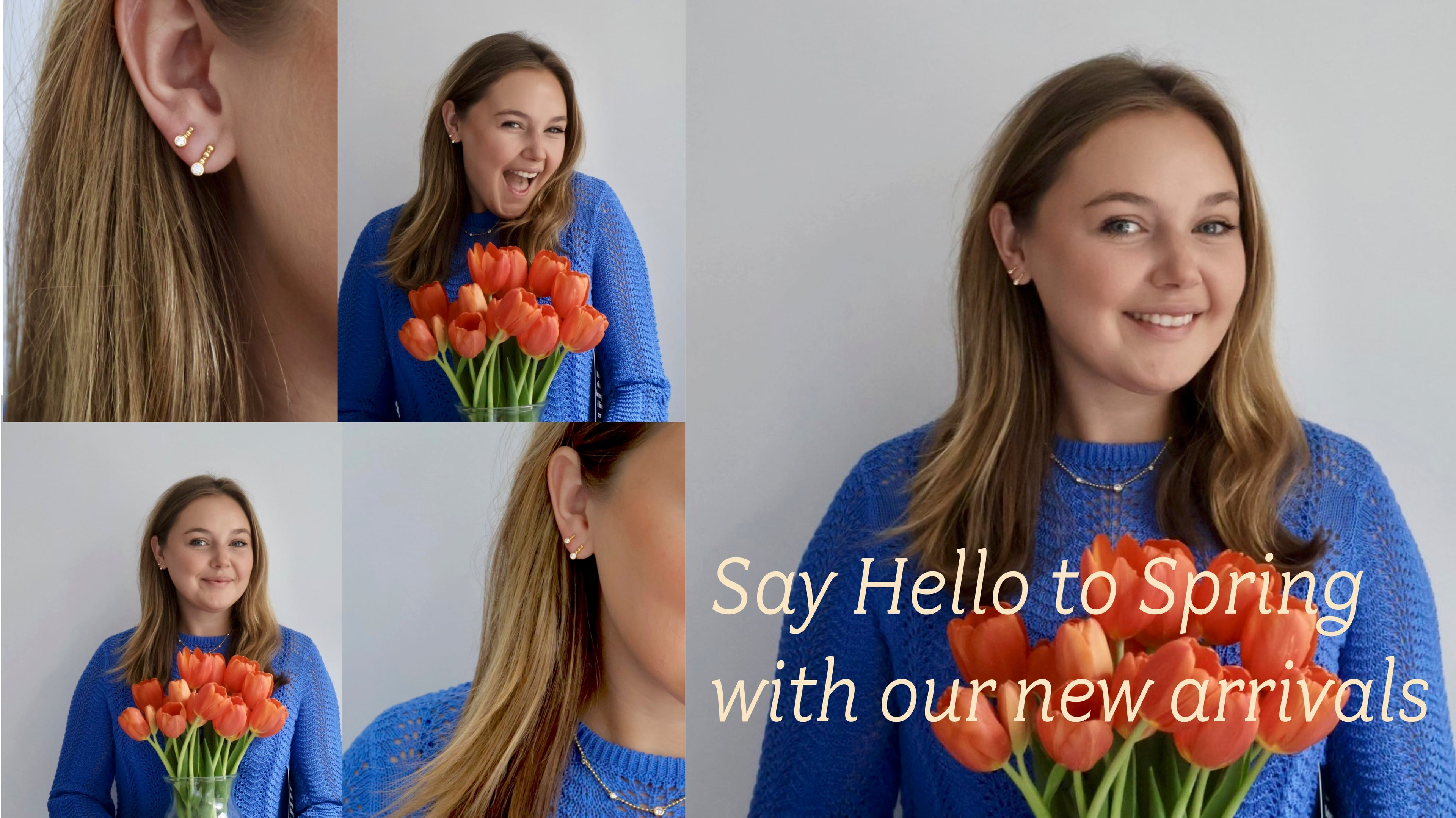 Woman holding tulips with text 'Say Hello to Spring with our new arrivals' on a gray background